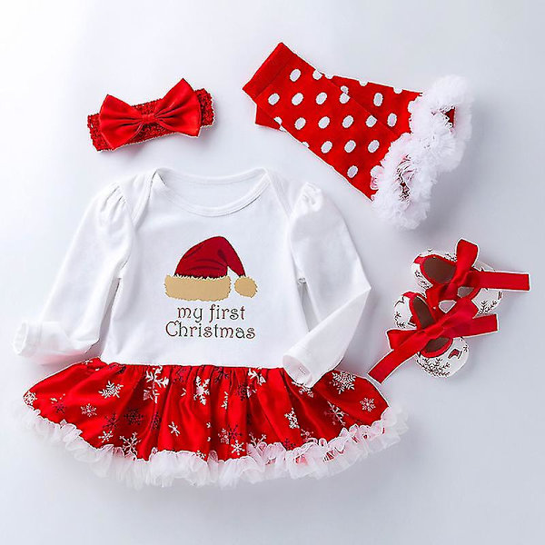 4-delt sett for nyfødte jenter - julekjole, hodebånd, beinvarmere og sko - XL 12-24 måneder - julehatt Christmas Hat XL 12-24 Months