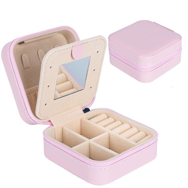 Mini Portabel Smyckeskrin Organizer, Rese Smyckeskrin, Läder Dubbla Lager Smyckeskrin Med Spegel, Ringar Örhängen