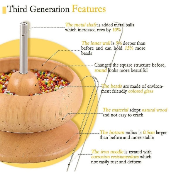 Treperle Spinner i Tre med 2 Store Nåler og 3 Poser Frøperler Kompatibel med Smykkefremstillingsverktøy Raskt Str