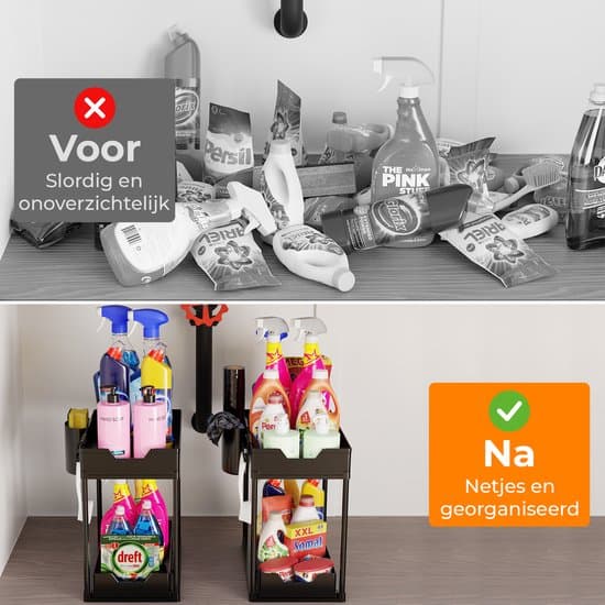 Under Sink Organizer med 2 udtræksskuffer, værktøjsfri montering til køkken- og badeværelsesskab, sort