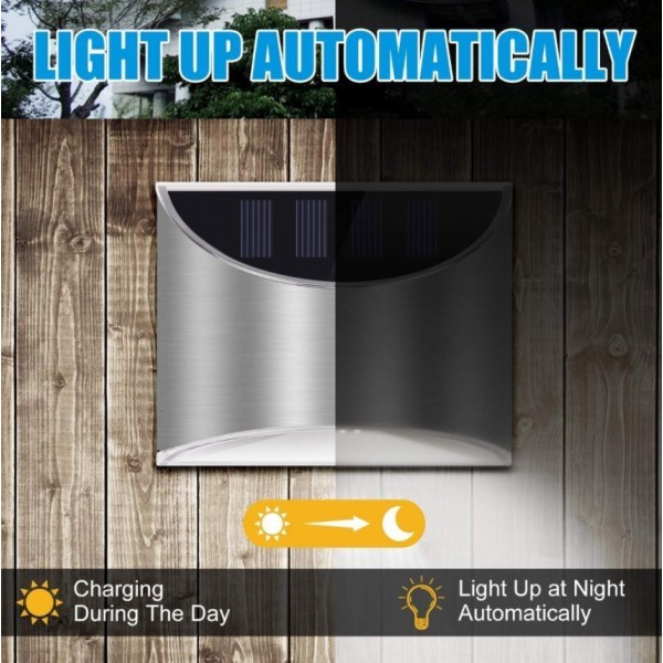 4 stk Solcellelampe Utendørs Solcelle Vegglampe Rustfritt Stål Vanntett Gjerdelys 4LED Hagehage Landskapsvegglampe IP65, Varmt Lys, 4 stk