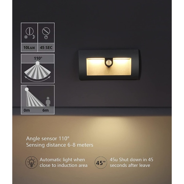 Inbyggd vägglampa med rörelsesensor för utomhusbruk - 6 W - LED IP65 - Vattentät - 3000 K - Varmvit - Aluminium - Mörkgrå