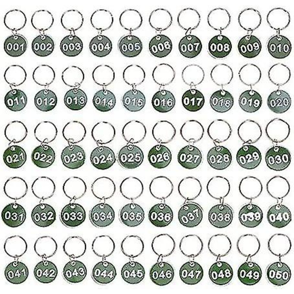 1-50 Nøkkelring med tall, nummererte merkelapper, skap, treningsstudio, nøkkelringer, gravert nummer med nøkkelringer, aluminiumsnummerert merkelapp, grønn Green
