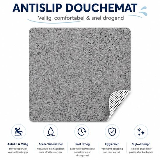 Skridsikker brusemåtte 60x60 cm, PVC loofah-tekstureret bademåtte med drænhuller, hurtigtørrende, til badeværelsesbruseniche, grå