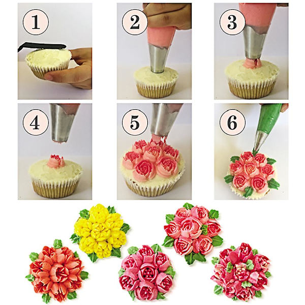 19 deler kake, kjeks, sukker, macaron dekorasjonstilbehør tipssett - 14 rustfritt stål russiske glasursprøyte dyser konditortips 2 silikon konditorposer par