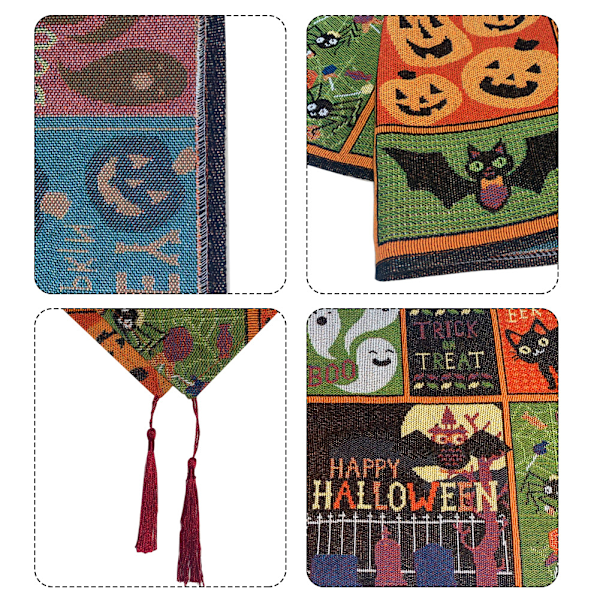 Spooktacular Halloween Bordløber med Græskar, Spøgelse, Hexe, Sort Kat, Flagermus, Spindelvæv, Efterårs-Halloween Fest Dekoration