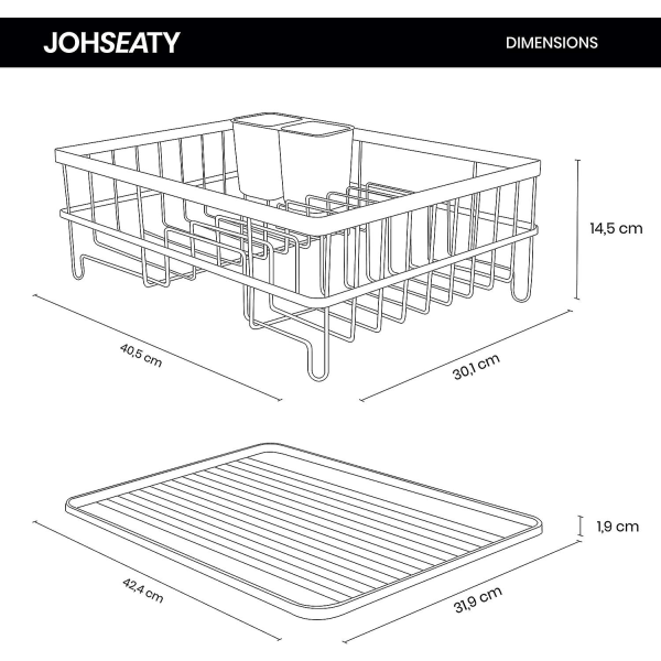 Matt svart metall oppvaskstativ (42 X 31,5 X 15,5 cm) - Oppvaskstativ over vask med bestikkholder og plast dryppbrett for oppbevaring