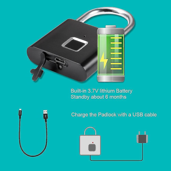 Smart Hem Fingeravtryckslås Säker Hänglås Dörrlås Vattentätt Nyckellöst USB Uppladdningsbart Zinklegering Huslås