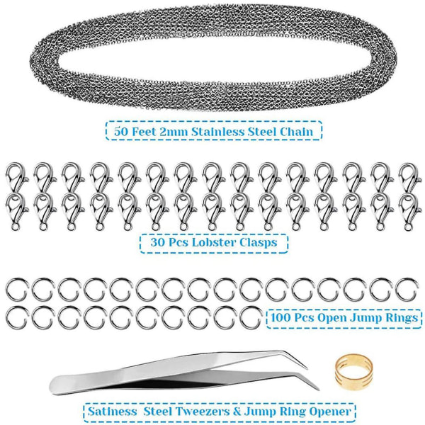 33 fot rostfritt stål DIY Link Chain Halsband med 30 hummerlås och 100 hoppringar för smyckestillverkning, 2 mm