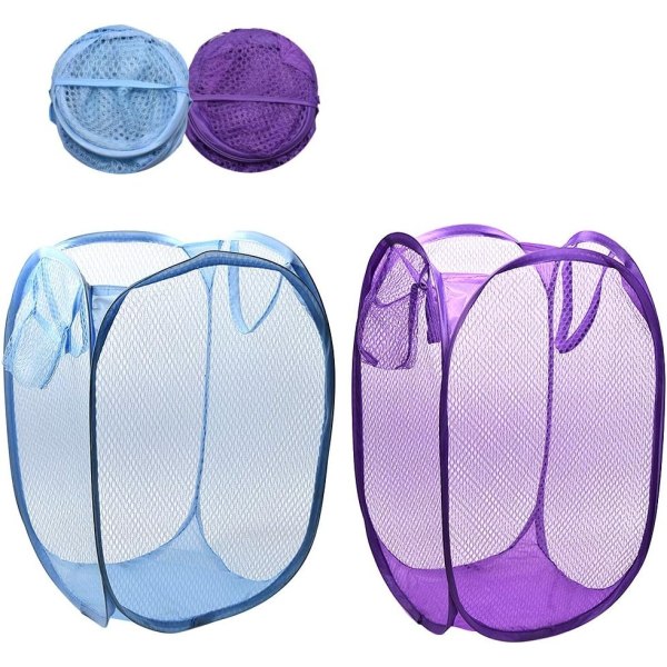 Sammenleggbar pop-up-mesh-vaskebøyle med sidelomme-klær Vaskekurv-oppbevaringspose med bærehåndtak for skitne klær (2-pakning)