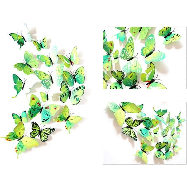 24 STK 3D Butterfly Veggdekor Avtagbare Kjøleskapsmagneter Klistremerker Dekor for Barnerom Dekorasjon Kunst Veggmaleri Grønn
