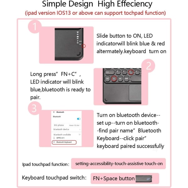 Berøringsfølsom Bluetooth-tastatur for iPad Pro Sporplate Trådløst Bluetooth-tastatur for iPad iOS-nettbrett Smarttelefoner Bærbare Mac, Slank Trådløst Tastatur Rundt