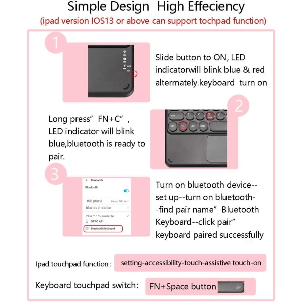 Kosketuslevy Bluetooth näppäimistö ipad Pro Ohjauslevy Langaton Bluetooth näppäimistö iPadille iOS Tablet-älypuhelin Kannettavat tietokoneet Mac, ohut langaton näppäimistö pyöreä