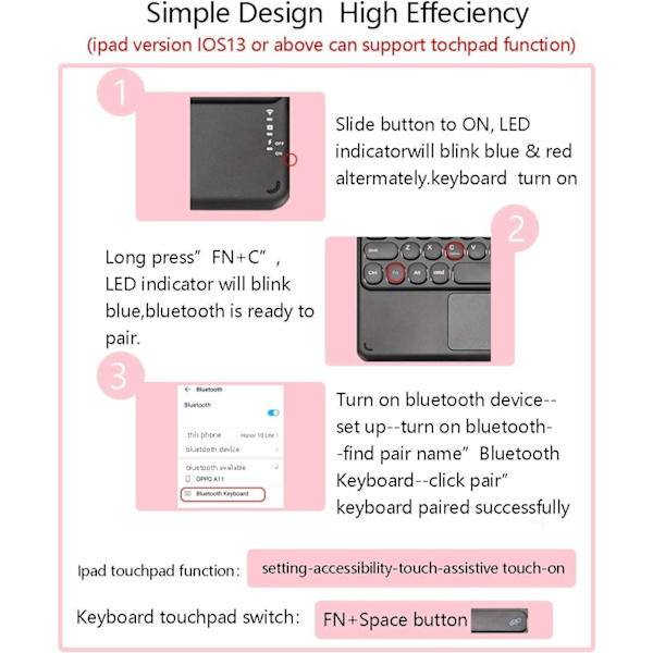 Touchpad Bluetooth Tastatur til iPad Pro Trackpad Trådløs Bluetooth Tastatur til iPad iOS Tablet Smartphone Laptops Mac, Slank Trådløs Tastatur Rund