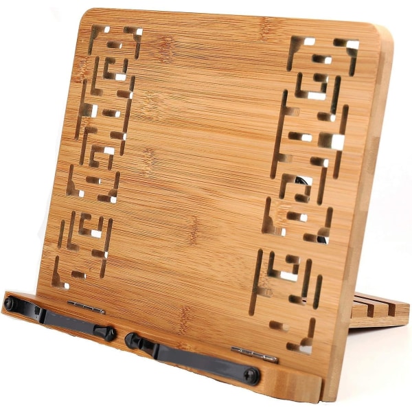 Bokställ i bambu, bokhållare med 2 sidhållare i metall, hopfällbart och justerbart stativ, för Ipad/ surfplatta/ kokböcker/ skrivbordsdokumenthållare (ihålig O