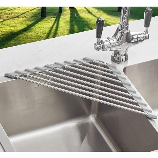 Liten Triangelformad Upprullningsbar Dish Drying Rack med Silikonbeläggning Rostfritt Stålram för Diskhohörn, Multifunktionell Över-Diskho Köksavrinnare