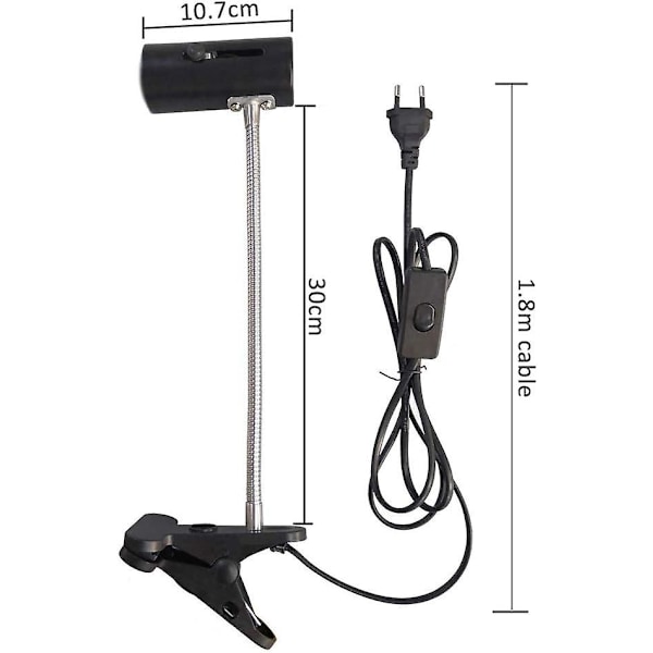 E27 Fatning Med Klemme Og Afbryder Til Reptillampe, 360 Justerbar Med Fleksibel Arm Og 1,8m Kabel, Klips-På Fatning Til Varmelampe/Akvarium/UVA/UVB Til T