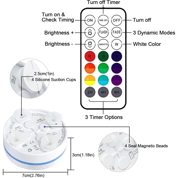 LED svømmebassenglampe nedsenkbart lys, LED svømmebassengbelysning Belysningstid 30-50 timer IP68 Vanntett 16 RGB farger Dekor