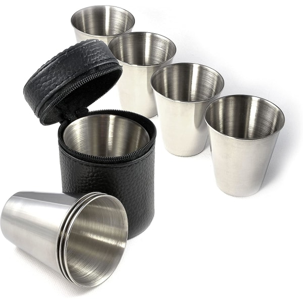Set med 4 Schnappskoppar 70ml Stora Rostfria Skottglas i Läderfodral med Blixtlås