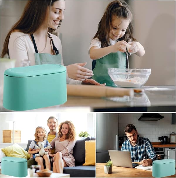 Minisoptunna med trycklock, kompakt bänkskåp för badrum, sovrum, kontor, sminkbord, liten soptunna, blågrön