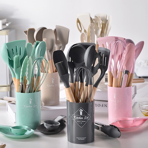 Köksredskapsset i silikon med trähandtag, 14 delar, non-stick verktyg, köksredskap, serveringssked set_xrzi Khaki standard