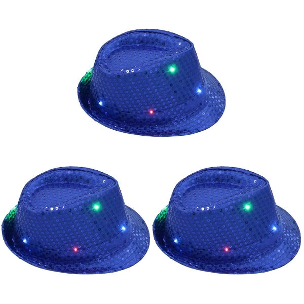 3 stk LED Lysende Jazz Hat Scene Rekvisitter Flash Cowboy Hat Med Glitter Sekvens Dekoration Til Fest (blå) 3pcs 26X26 CM