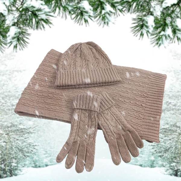 Hatt, skjerf og votter sett for kvinner, myk varm strikket lang skjerf, 3 i 1 vinter tykk strikket sett for ski, utendørs, shopping, fiske - rosa pink