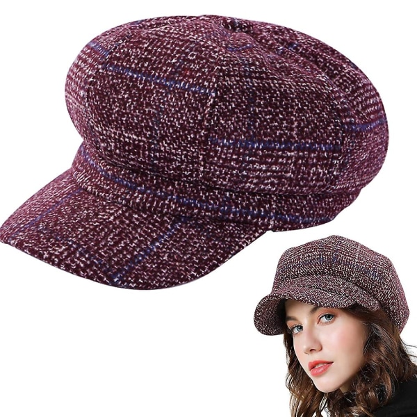 Dame Beret Newsboy Hat Fransk Stil Caps Klassisk Høst Vår Vinter Hatter Tykk Rutete Ull Oktagonal Hat Vinrød wine red
