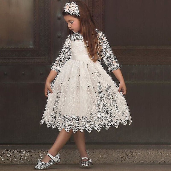 Flickor Barn Prinsessan Spetsklänning Bröllopsfest Brudtärnabal4-5 årVit White 4-5 Years