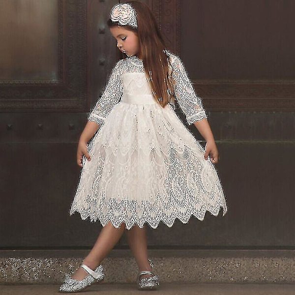 Flickors Prinsessklänning i Spets för Bröllop, Fest, Brudtärna, Bal, 4-5 År, Vit White 4-5 Years