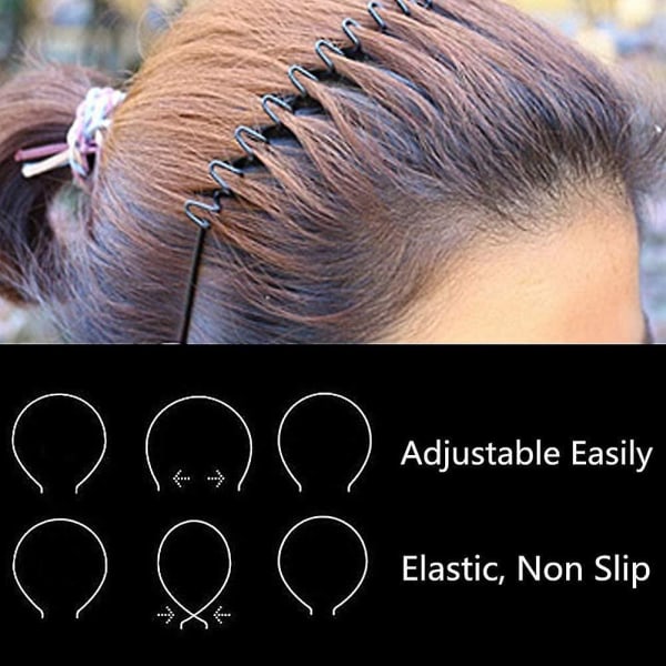6 Stk. Elastisk Bølget Fjederbølge Hårbånd, Sort Skridsikker Metal Hårbøjle i Flere Stilarter, Unisex Sport Mode Hårbånd Tilbehør Til Kvinder Og Mænd