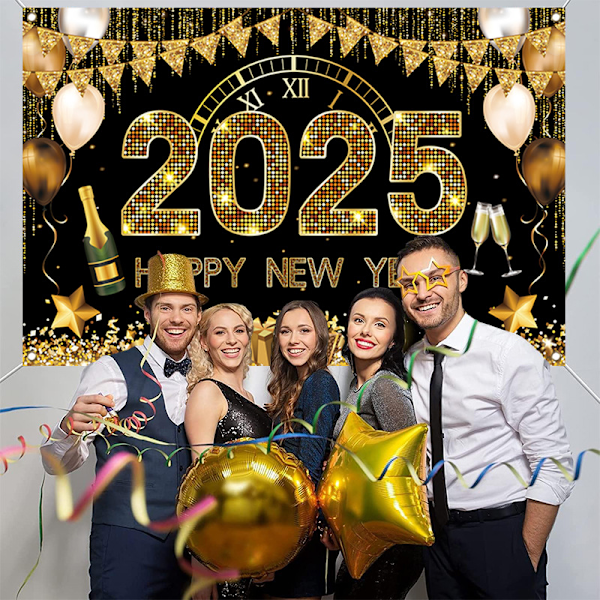 2025 Godt Nytår Baggrundsort Sort og Guld Nytårsbaggrund Prom Nytårsfestbanner Nytårsaften Festdekoration