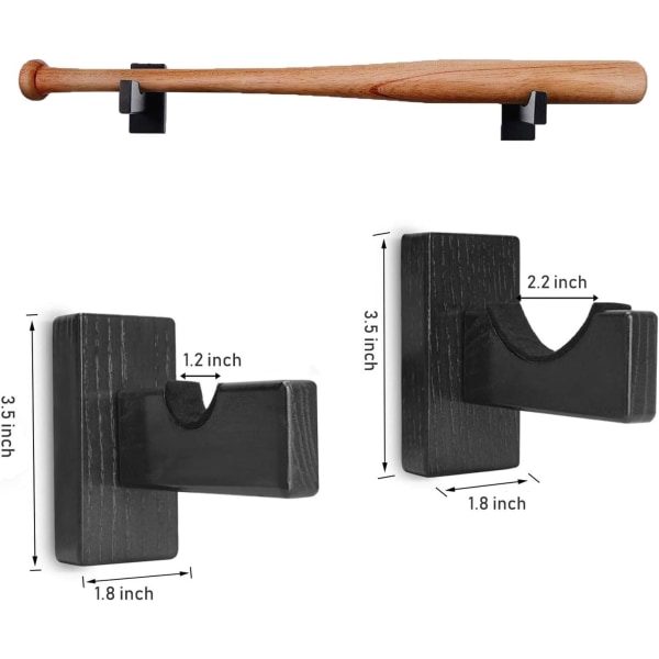 Baseball Bat Display Case, vægmonteret massivt asketræ Håndlavet vandret stativ m/ skjulte skruer og blød liner til baseball softball display- (sort)