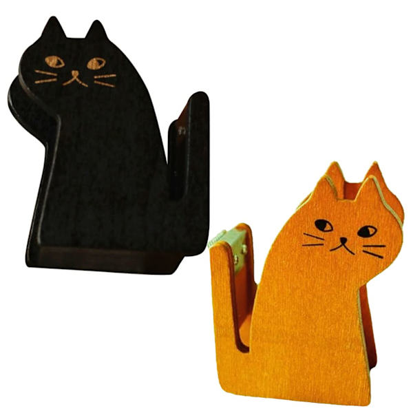 2 st söta katt tejpdispenser vintage trä tejp skärare maskeringstejp förvaringsorganisatör tejp hållare för hem kontor svart gul