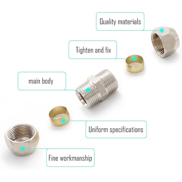 2 kpl 10 mm puristusliittimet letkuliittimet, hopea pneumatiset letkuliittimet, kupari-nikkelillä päällystetyt kaksinkertaiset suorat pikaliittimet, sopii