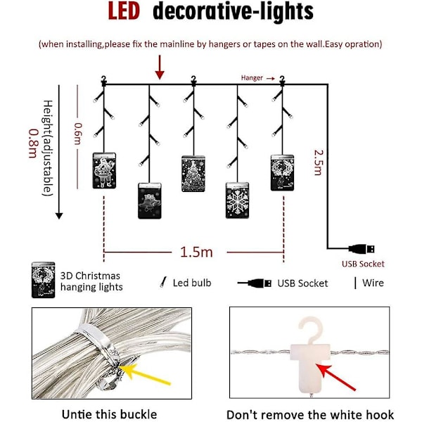 Ljusgardin Jul 1.5m 54 3D LED-lampor Lågspänning Hängande Julbelysning Inredningsdekoration LED-ljusslinga För Balkong Terrass Fönster Patio