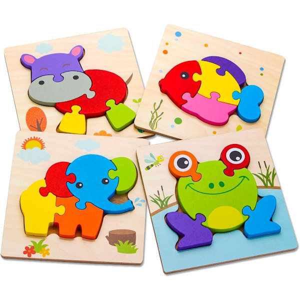 RY-Wooden Puzzles for Toddlers; Toys Gift for 1, 2, 3 Year Old Boys and Girls; Baby with 4 Animal Designs; Bright, Vibrant Colors and Shapes