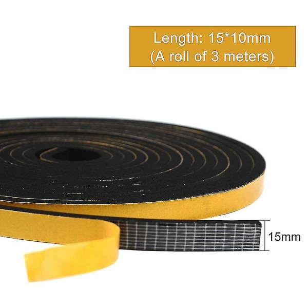 Isoleringsfönstertätning, självhäftande skumdörrtätning, köldtålig stötsäker gummilist, 1 rulle 15mm(b) X10mm(h) X10m(l), Svart Battqx