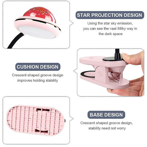 USB Genopladelig LED Klemmelampe Læselampe Med Stjerneprojektion, Stjerne Klip Natlys, Projektorlys, 360 Gåsehalssenglampe Berøringsdæmpning Pink Pink