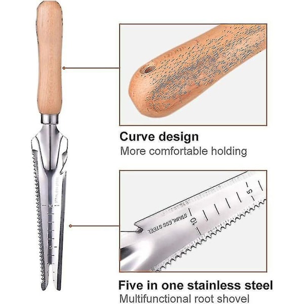 Ugressfjerner med trehåndtak, multifunksjonell i rustfritt stål, hageredskap for måling, spade, luking, omplanting, rustfritt stål, trehåndtak, plen