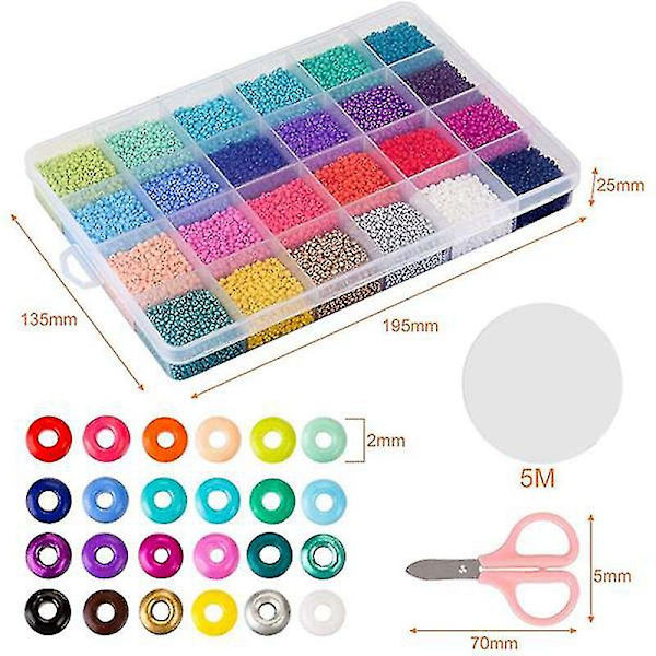 24.000 Stykker Multifarvede 2mm Glasfrøperler Med Hummerlukning, Åben Springring Og Elastisk Krystaltråd