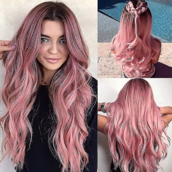 Fargerike lange rosa parykker for kvinner Naturlig syntetisk hår Ombre parykk med mørke røtter