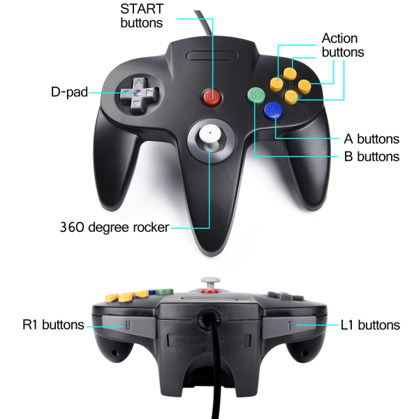 2-pack USB trådbunden N64-kontroll, lämplig Classic N64 PC Gamepad Joystick-kontroll för PC MAC Pi 3 (svart/grå)