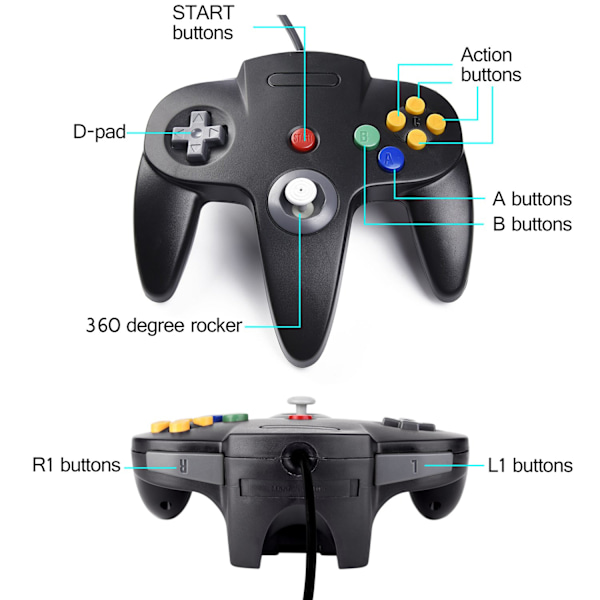 2 Pak USB Trådløs N64 Controller, suily Klassisk N64 PC Gamepad Joystick Controller til PC MAC Pi 3 (Sort/Grå)