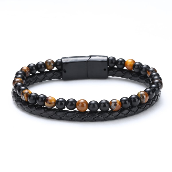Flätat Läderarmband för Män - Flätat Äkta Läderarmband - Brett Armband med Magnetisk Spänne (3 st, 20 cm)