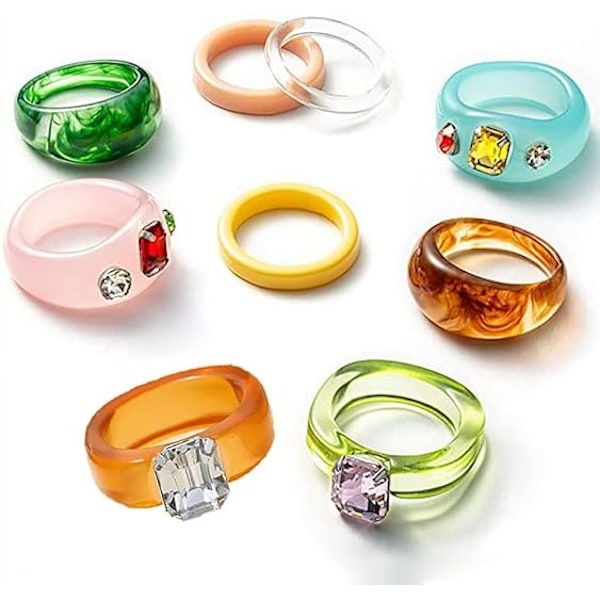 9 stk Harpiks Retro Akryl Farverige Chunky Ringe Søde Trendy Farverige Rhinestone Plastik Harpiks Kvadratiske Gem Stablebare Chunky Ringe