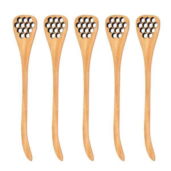5 stk Træ Hule Carving Honning Rør Skeer Japansk Stil Honningkam Design Æg Separator Blandning Dippers (burlywood)