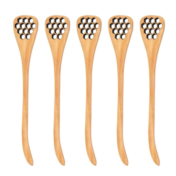 5 stk Tre Hule Carving Honning Rør Skedder Japansk Stil Honningkake Design Egg Separator Blanding Dippers (brun)