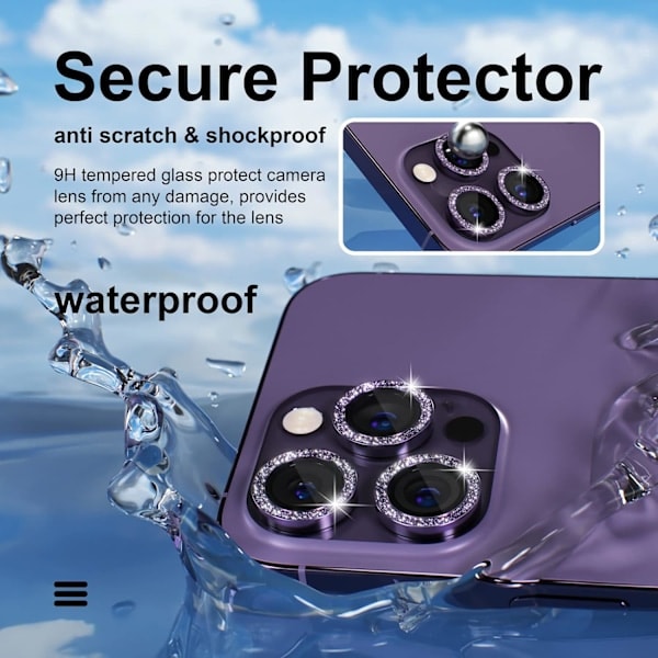 [3+1] iPhone 14 Pro/iPhone 14 Pro Max -kameran linssisuoja Bling, 9H karkaistu lasi kameran suojakalvo metalli, violetti glitter