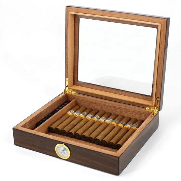 Sigar Humidor, glasslokk Sigarboks med Hygrometer Humidor og skillevegg, sedertre oppbevaringsboks for 35 sigarer